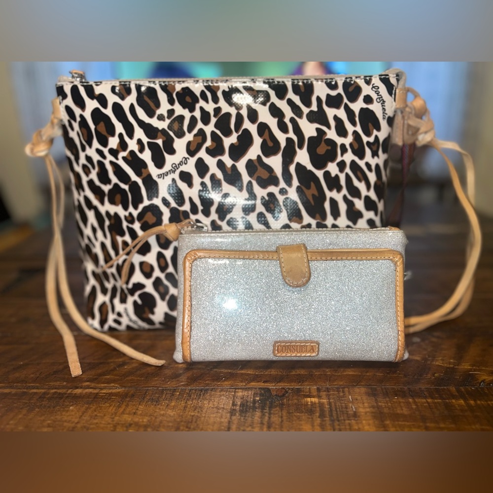 Mona downtown crossbody bag and tan/silver glitter wallet Consuela